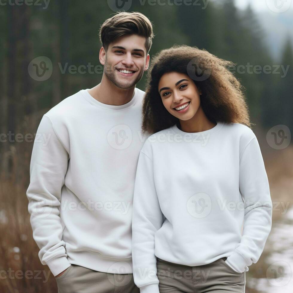 Illustration of a couple fashion portrait with plain sweater mockup, AI. generative photo
