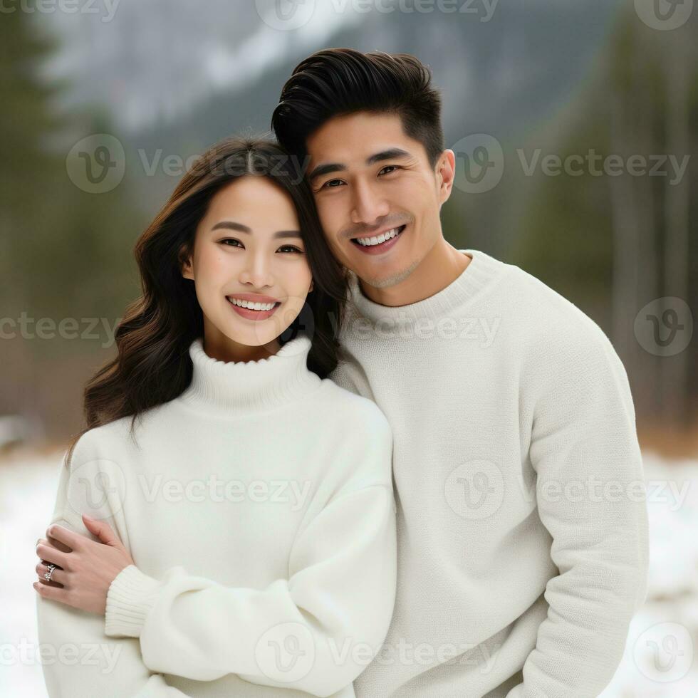 Illustration of a couple fashion portrait with plain sweater mockup, AI. generative photo