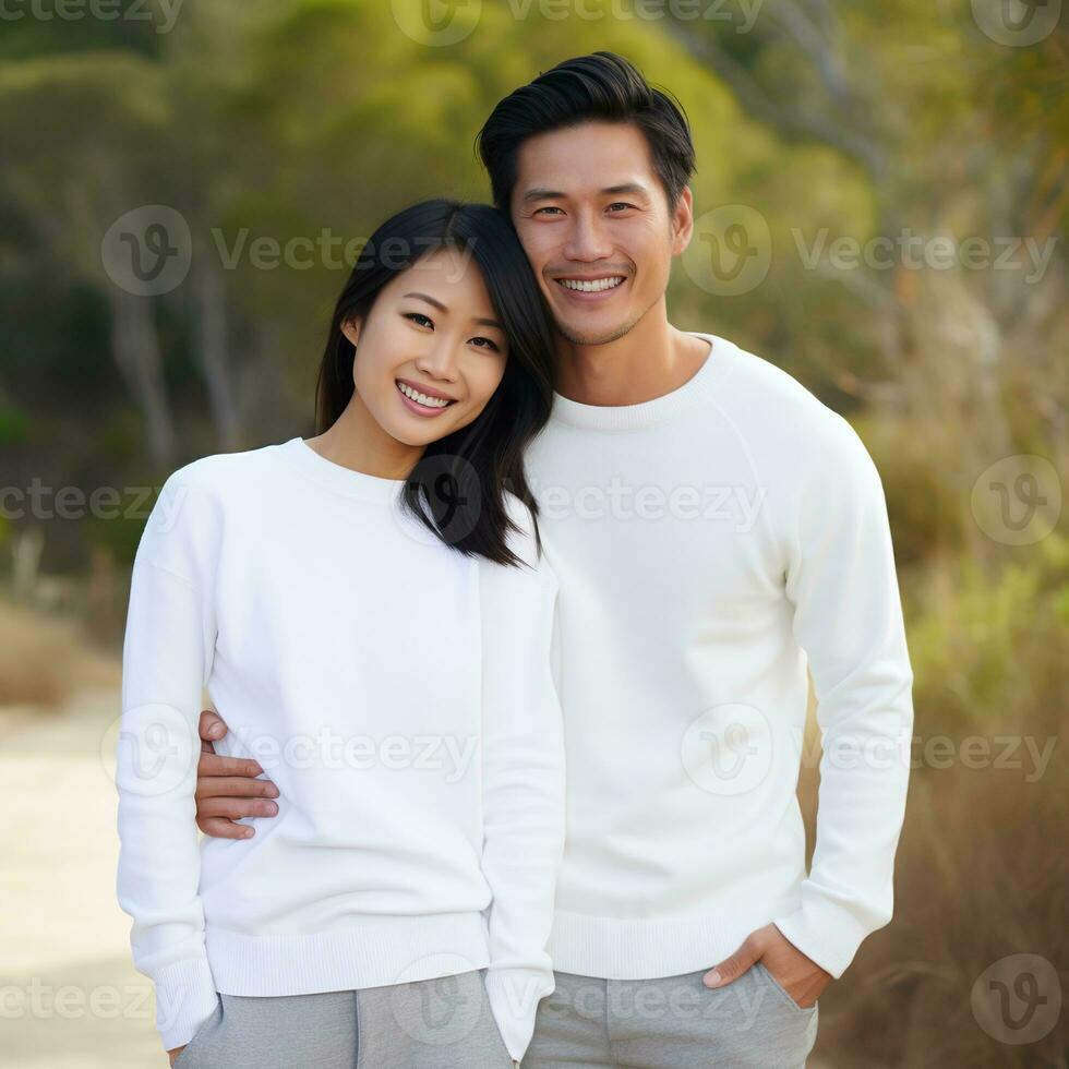 Illustration of a couple fashion portrait with plain sweater mockup, AI. generative photo