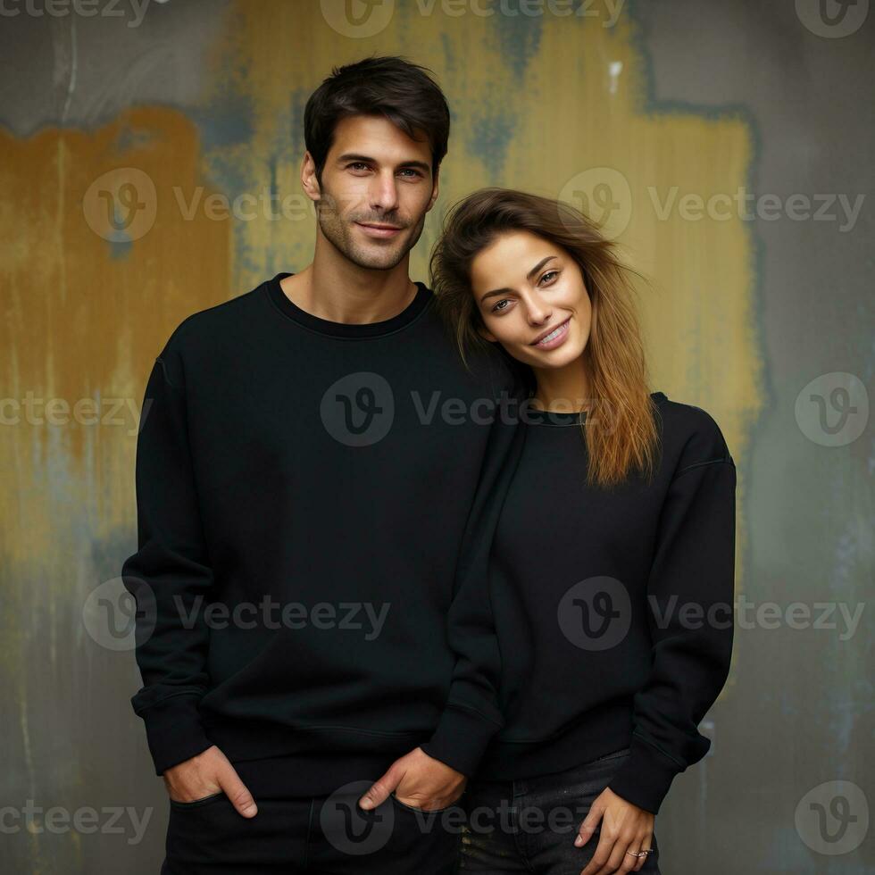 Illustration of a couple fashion portrait with plain sweater mockup, AI. generative photo