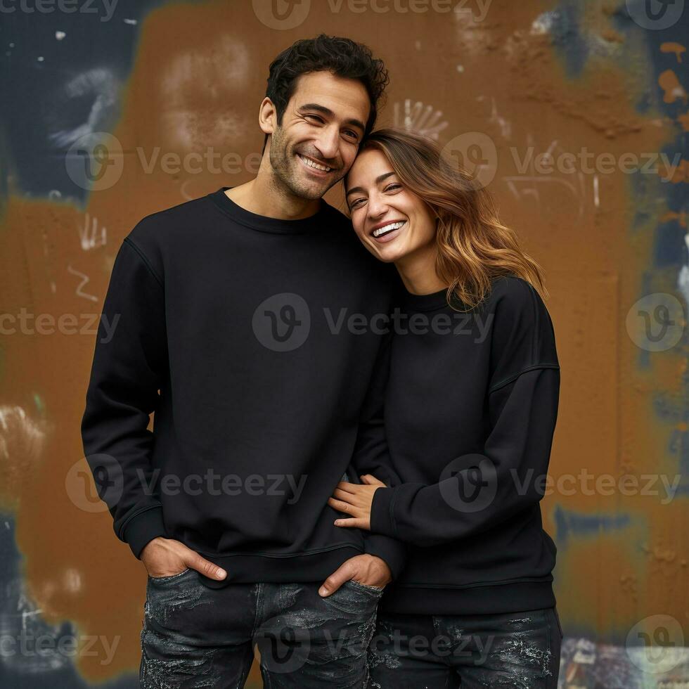 Illustration of a couple fashion portrait with plain sweater mockup, AI. generative photo