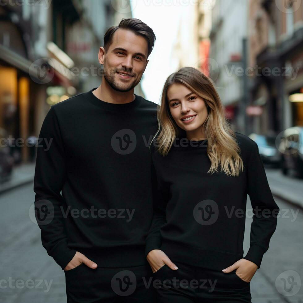 Illustration of a couple fashion portrait with plain sweater mockup, AI. generative photo