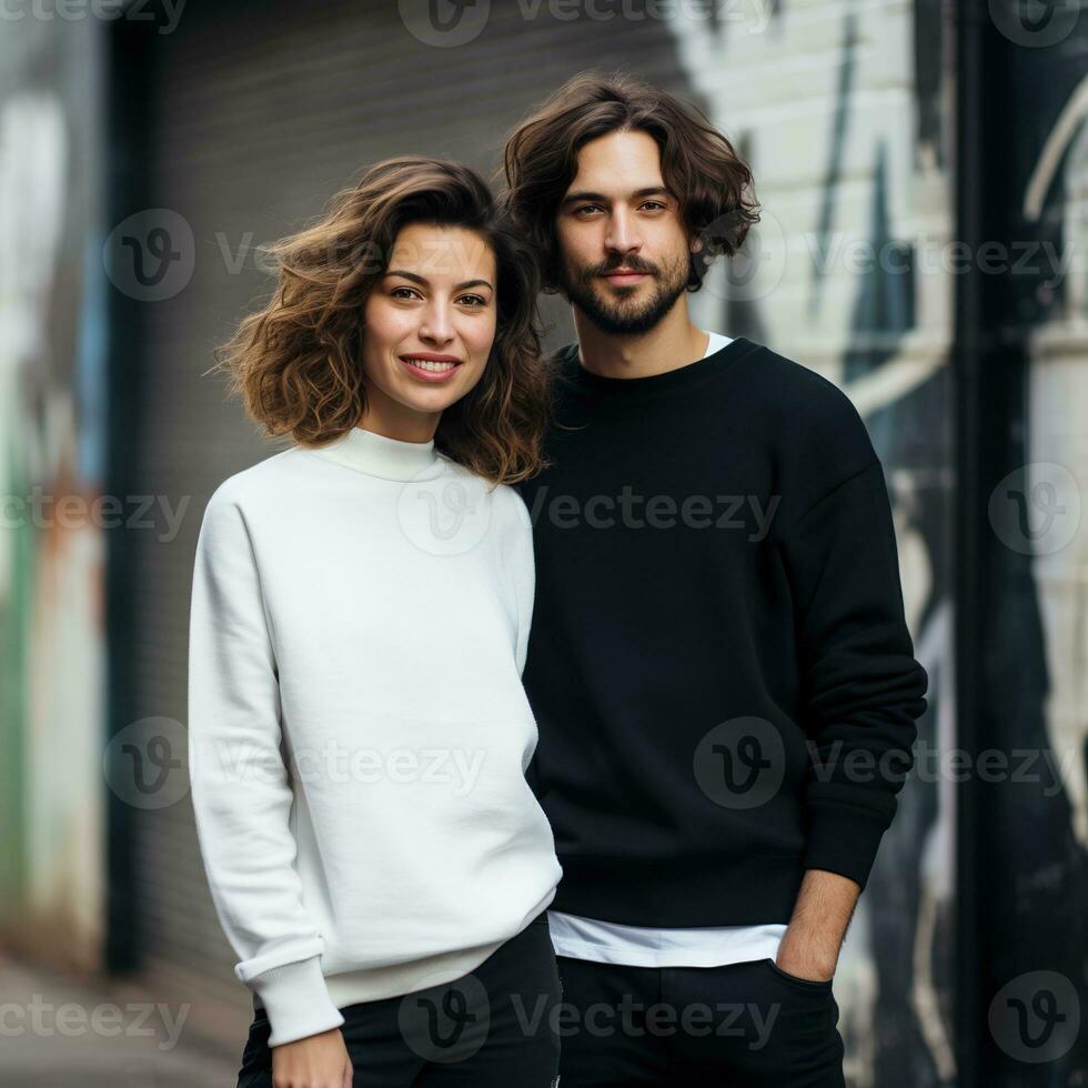Illustration of a couple fashion portrait with plain sweater mockup, AI. generative photo