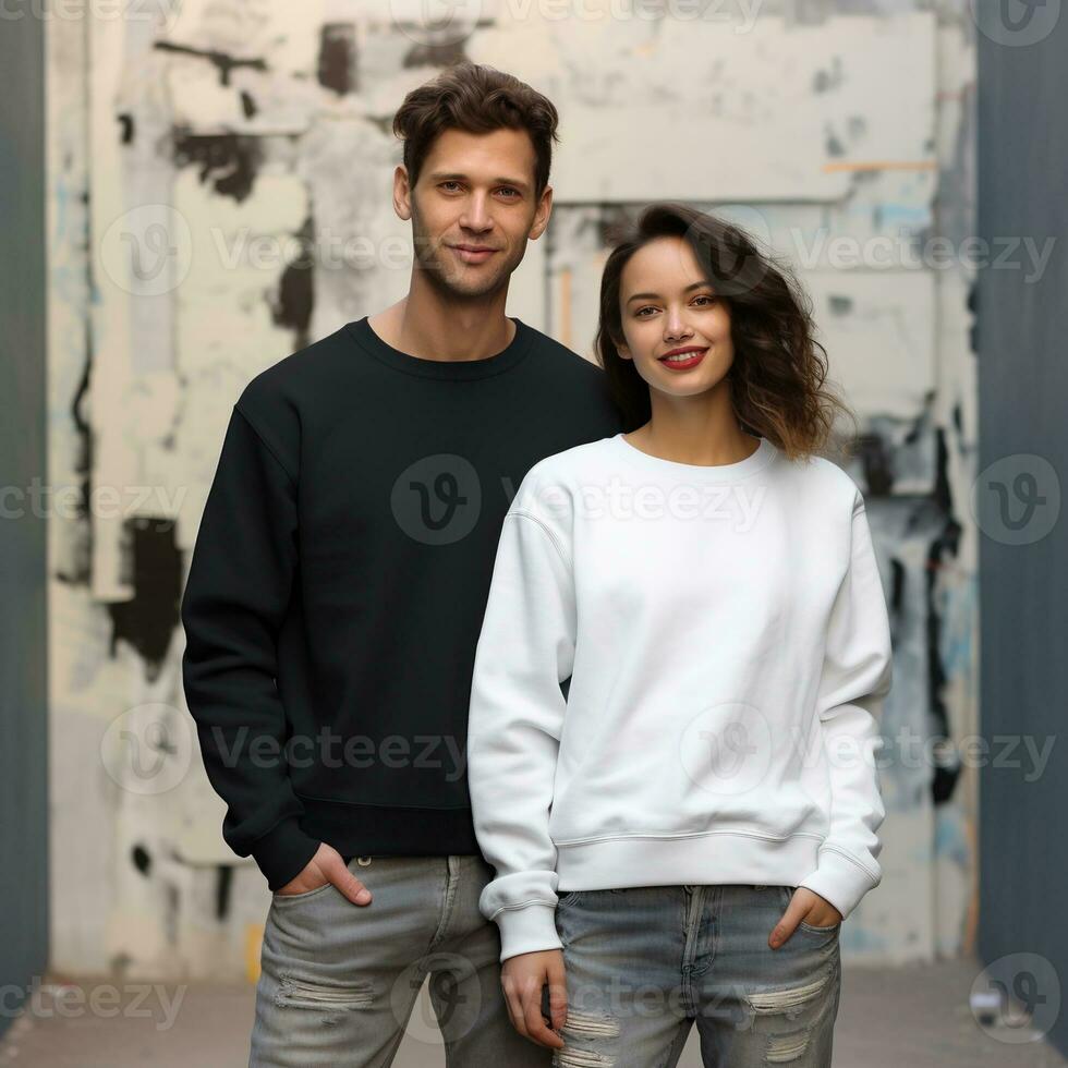 Illustration of a couple fashion portrait with plain sweater mockup, AI. generative photo