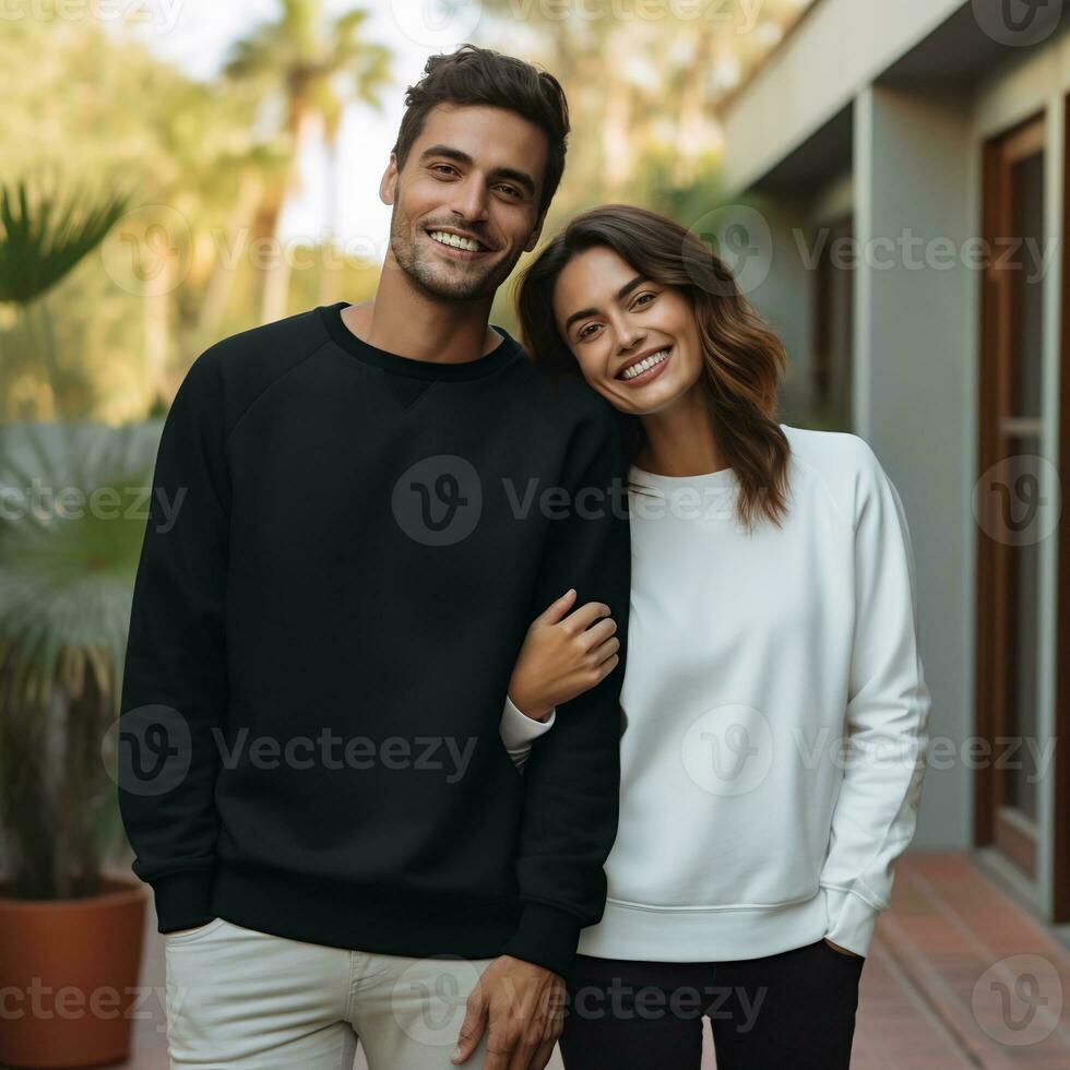 Illustration of a couple fashion portrait with plain sweater mockup, AI. generative photo