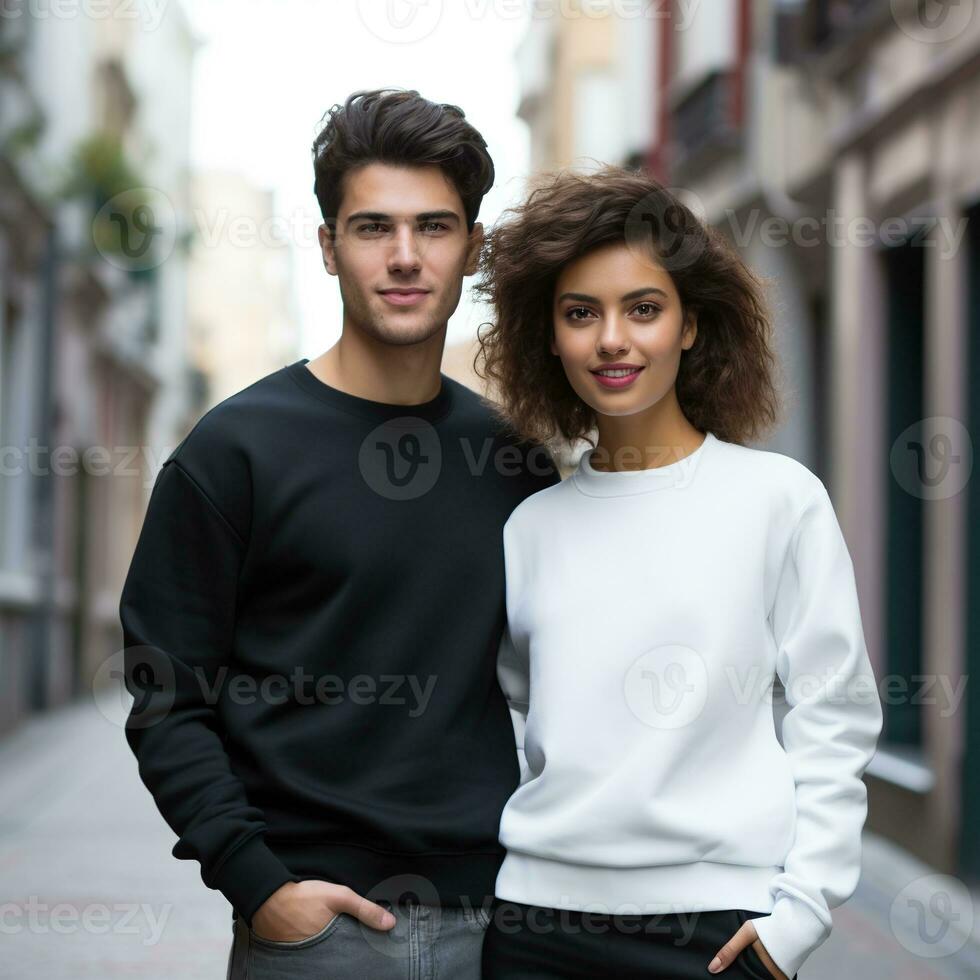 Illustration of a couple fashion portrait with plain sweater mockup, AI. generative photo