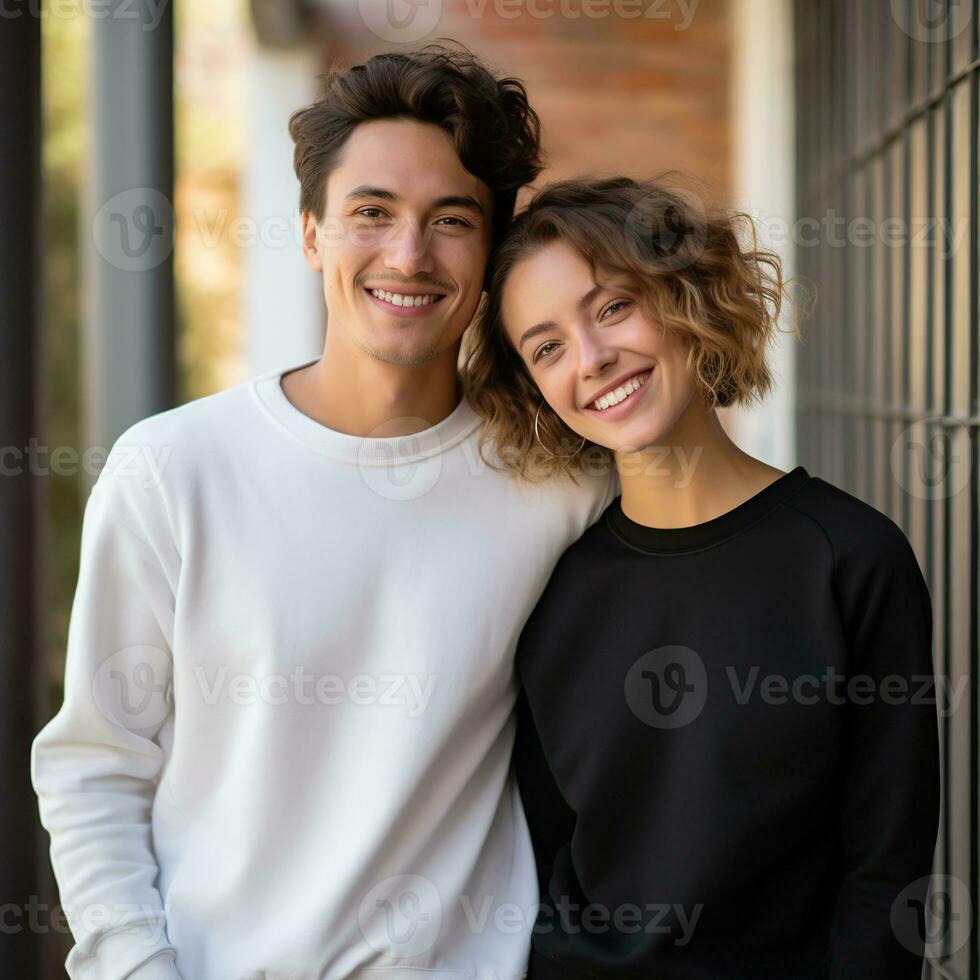 Illustration of a couple fashion portrait with plain sweater mockup, AI. generative photo
