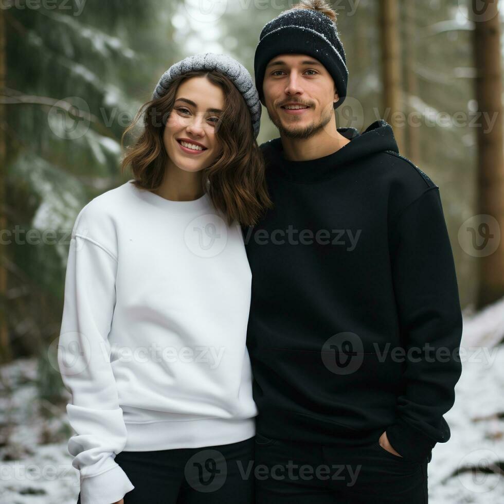 Illustration of a couple fashion portrait with plain sweater mockup, AI. generative photo