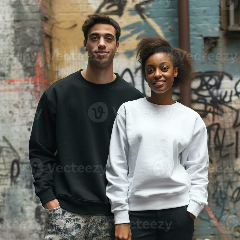 Illustration of a couple fashion portrait with plain sweater mockup, AI. generative photo