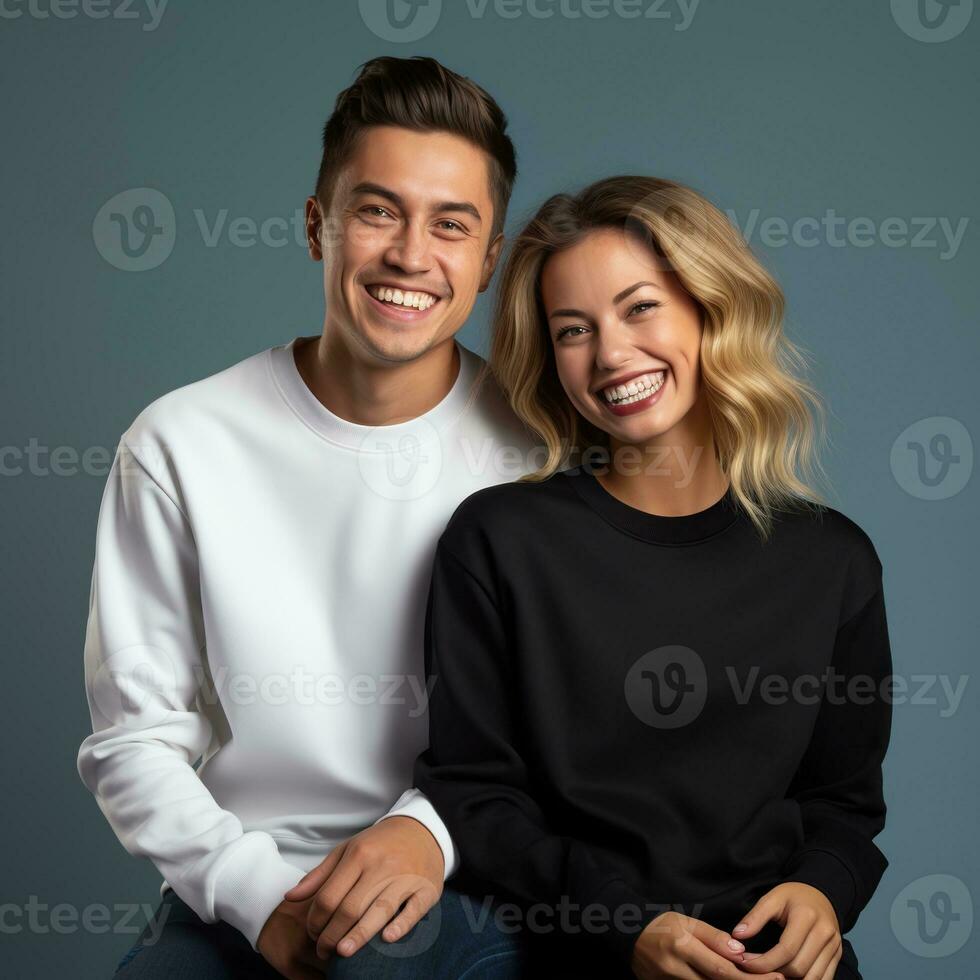 Illustration of a couple fashion portrait with plain sweater mockup, AI. generative photo