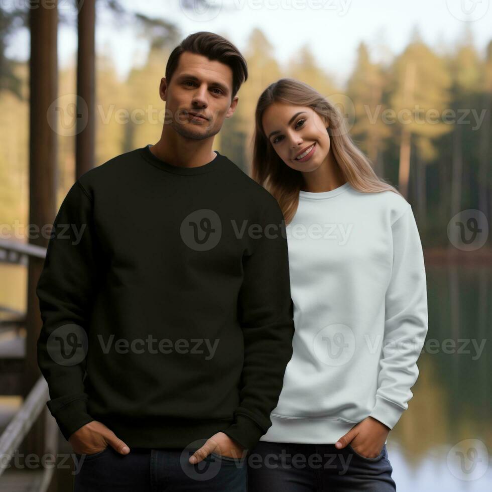 Illustration of a couple fashion portrait with plain sweater mockup, AI. generative photo