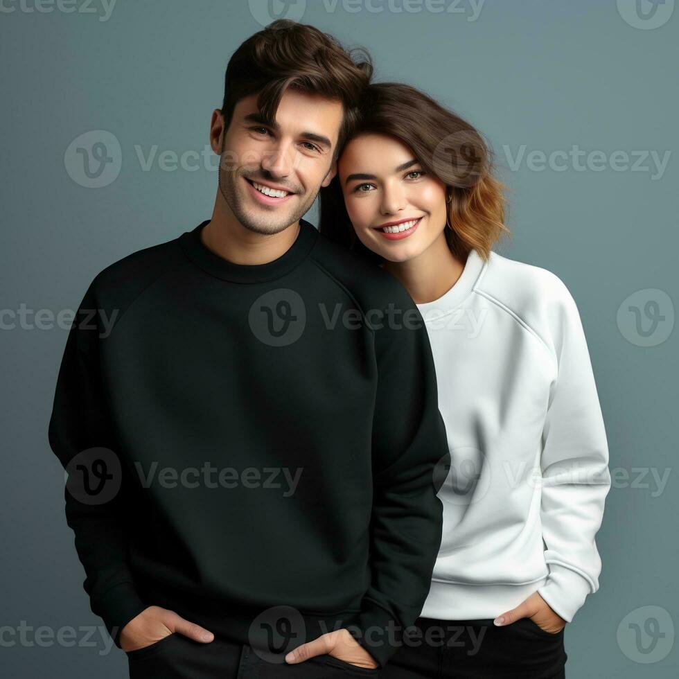 Illustration of a couple fashion portrait with plain sweater mockup, AI. generative photo