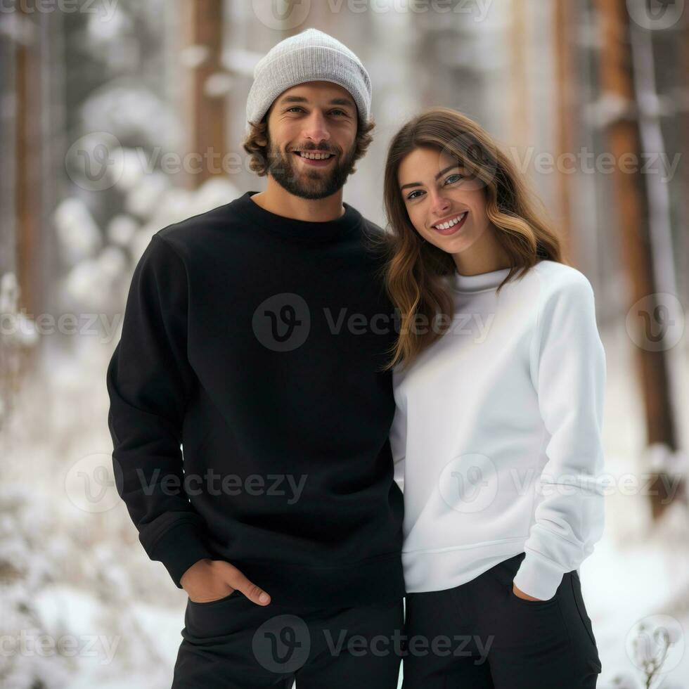 Illustration of a couple fashion portrait with plain sweater mockup, AI. generative photo