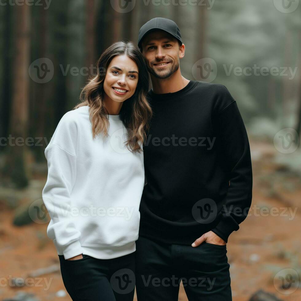 Illustration of a couple fashion portrait with plain sweater mockup, AI. generative photo