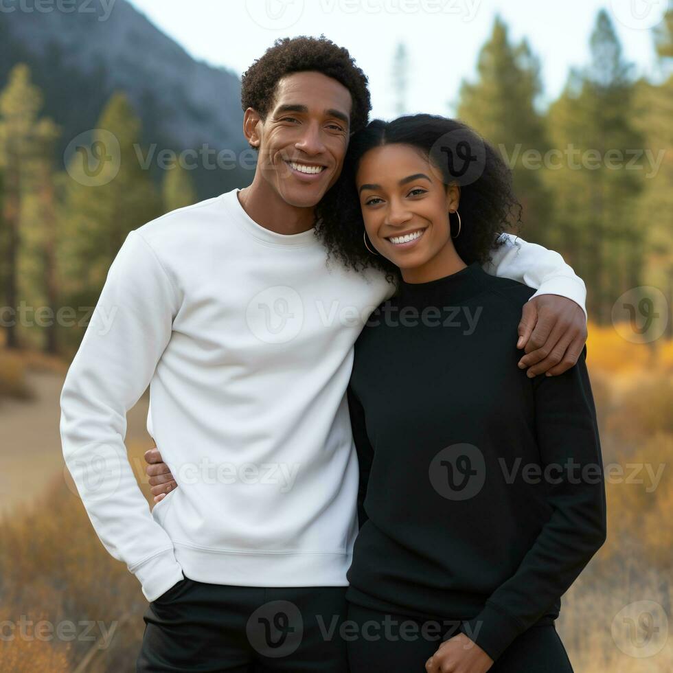 Illustration of a couple fashion portrait with plain sweater mockup, AI. generative photo