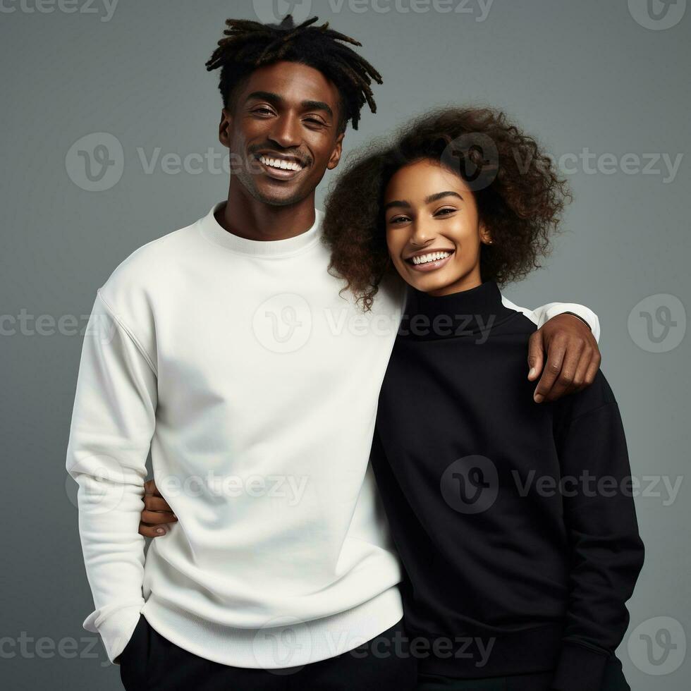 Illustration of a couple fashion portrait with plain sweater mockup, AI. generative photo