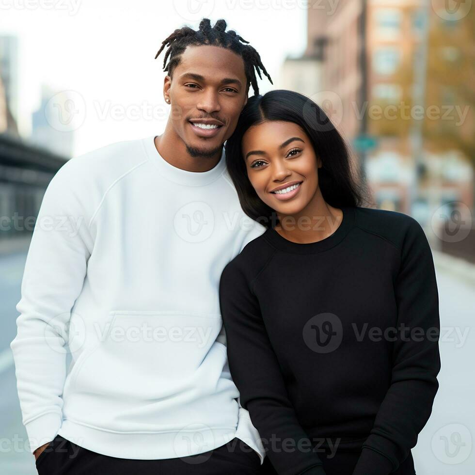 Illustration of a couple fashion portrait with plain sweater mockup, AI. generative photo