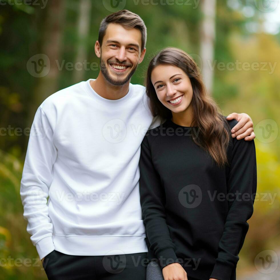 Illustration of a couple fashion portrait with plain sweater mockup, AI. generative photo