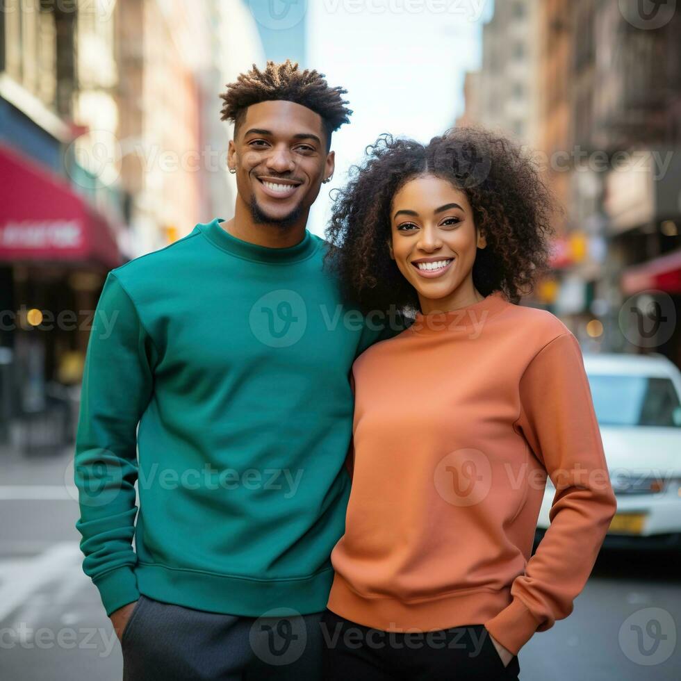 Illustration of a couple fashion portrait with plain sweater mockup, AI. generative photo