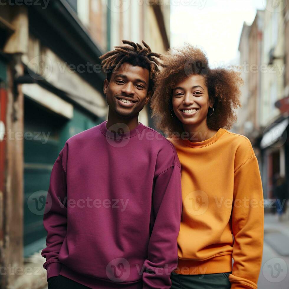 Illustration of a couple fashion portrait with plain sweater mockup, AI. generative photo