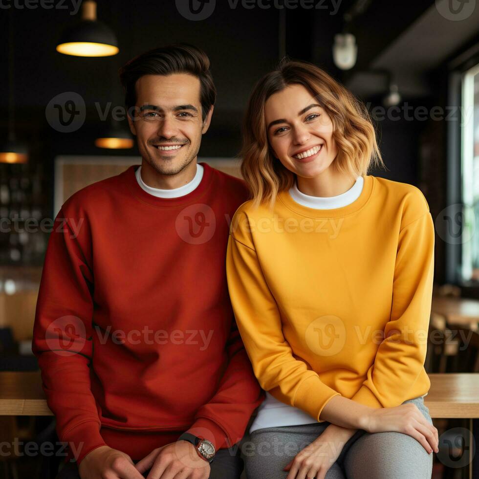 Illustration of a couple fashion portrait with plain sweater mockup, AI. generative photo