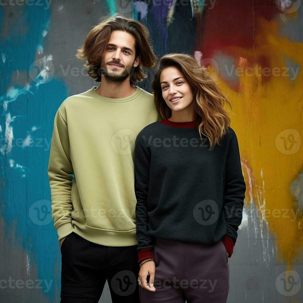 Illustration of a couple fashion portrait with plain sweater mockup, AI. generative photo