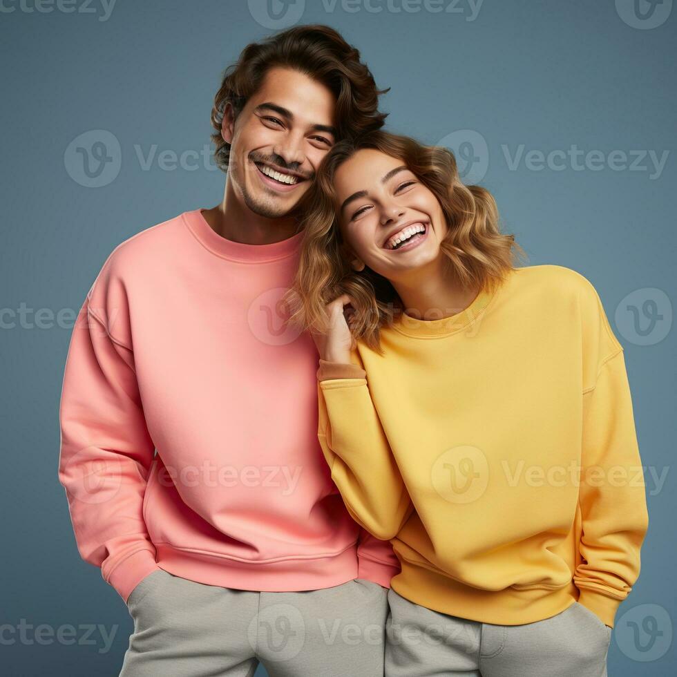 Illustration of a couple fashion portrait with plain sweater mockup, AI. generative photo