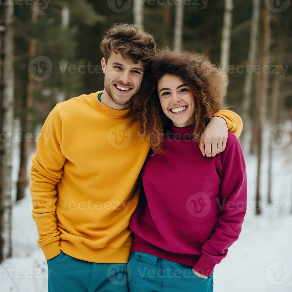 Illustration of a couple fashion portrait with plain sweater mockup, AI. generative photo
