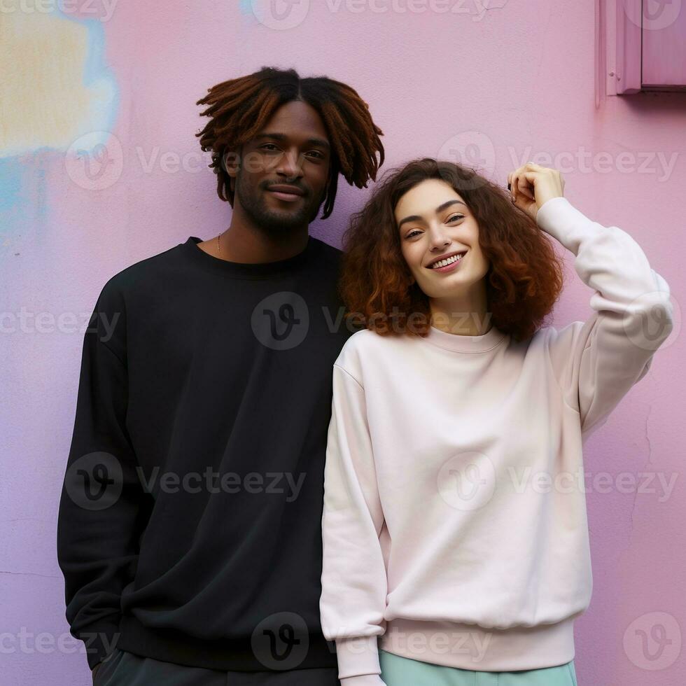 Illustration of a couple fashion portrait with plain sweater mockup, AI. generative photo