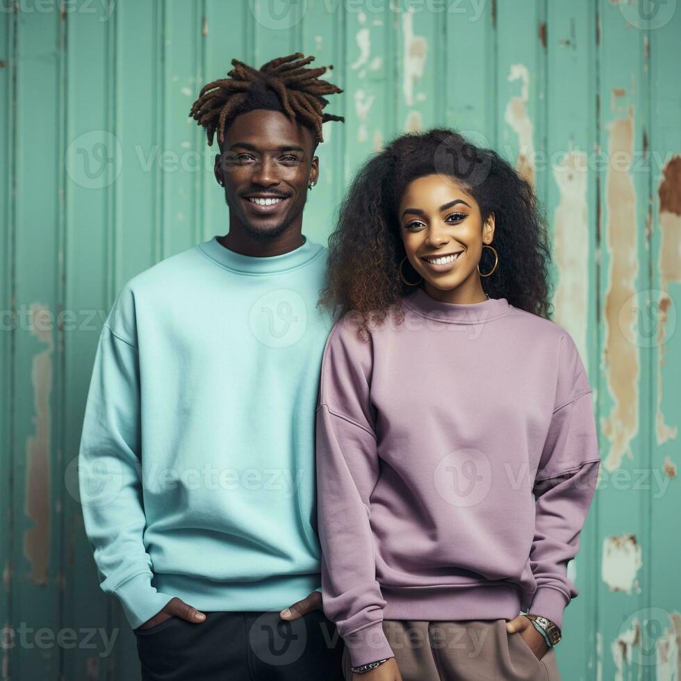 Illustration of a couple fashion portrait with plain sweater mockup, AI. generative photo