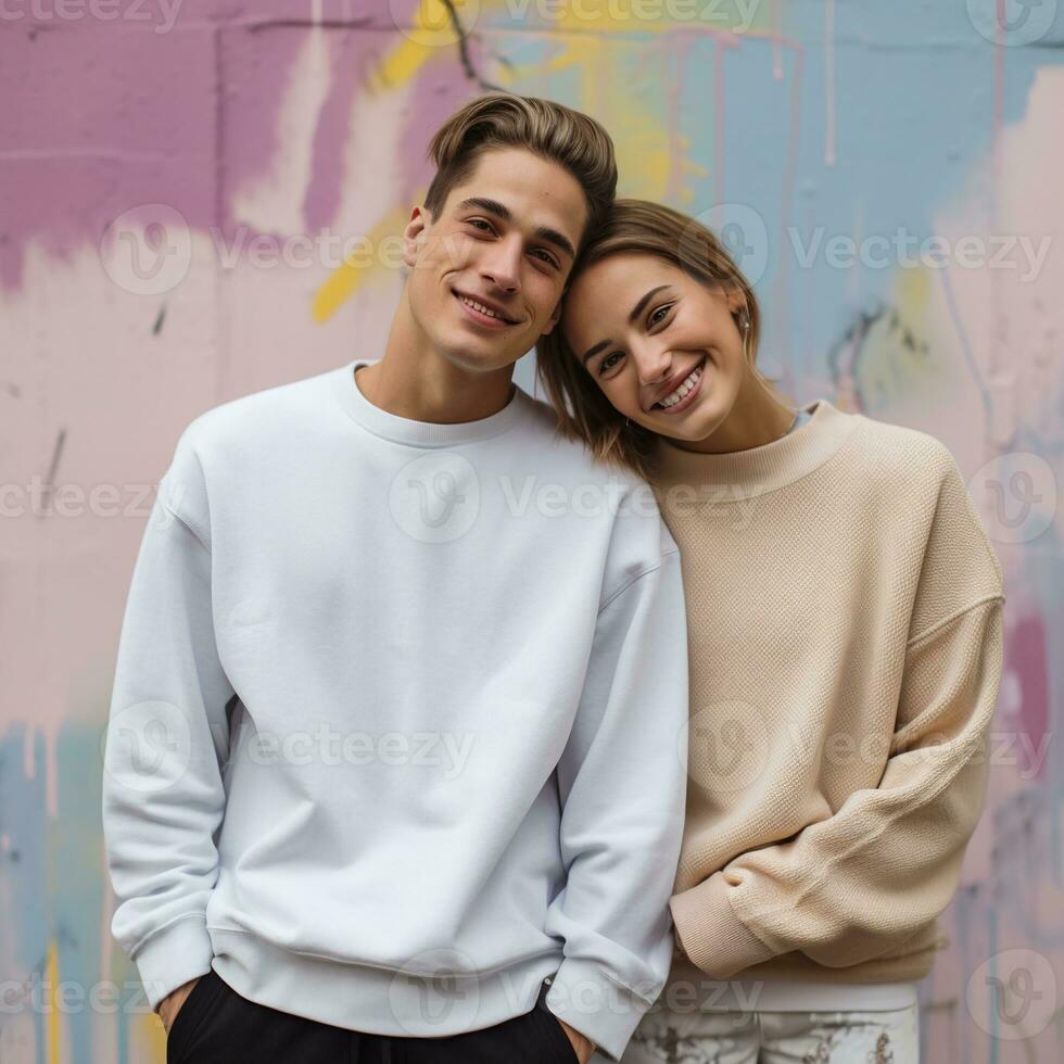 Illustration of a couple fashion portrait with plain sweater mockup, AI. generative photo