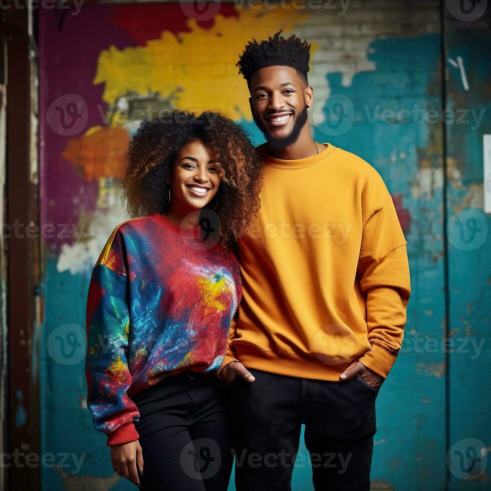 Illustration of a couple fashion portrait with plain sweater mockup, AI. generative photo