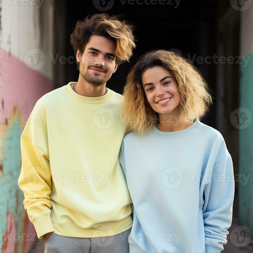 Illustration of a couple fashion portrait with plain sweater mockup, AI. generative photo