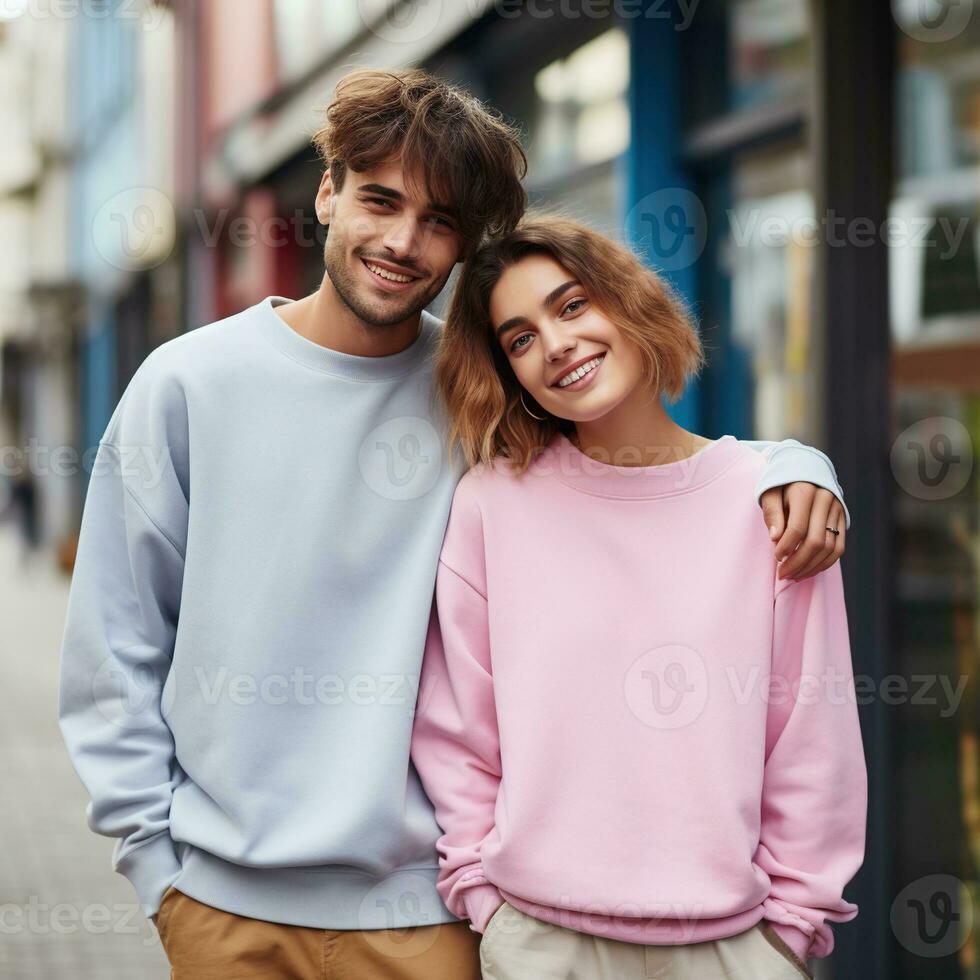 Illustration of a couple fashion portrait with plain sweater mockup, AI. generative photo