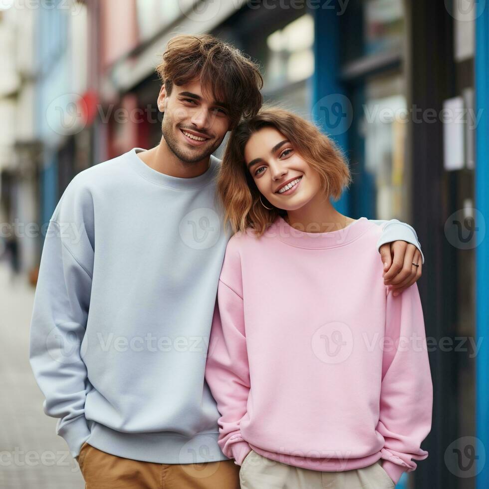 Illustration of a couple fashion portrait with plain sweater mockup, AI. generative photo