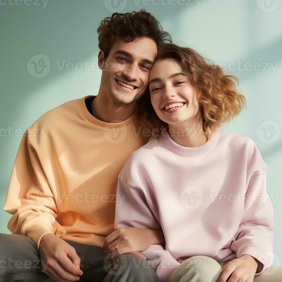 Illustration of a couple fashion portrait with plain sweater mockup, AI. generative photo