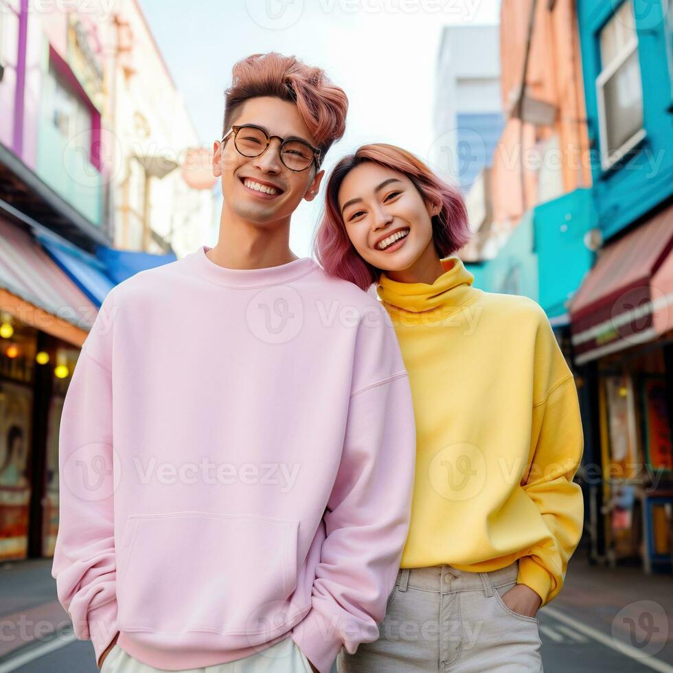 Illustration of a couple fashion portrait with plain sweater mockup, AI. generative photo