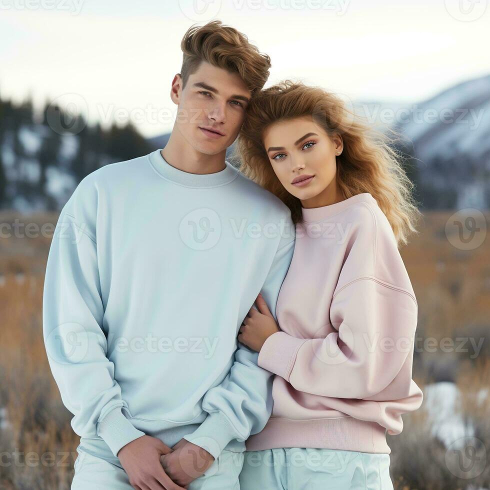 Illustration of a couple fashion portrait with plain sweater mockup, AI. generative photo