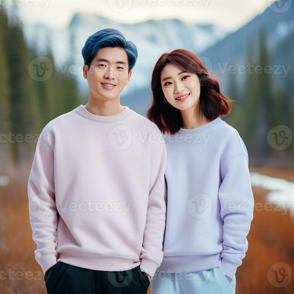 Illustration of a couple fashion portrait with plain sweater mockup, AI. generative photo