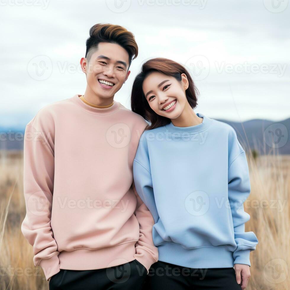 Illustration of a couple fashion portrait with plain sweater mockup, AI. generative photo