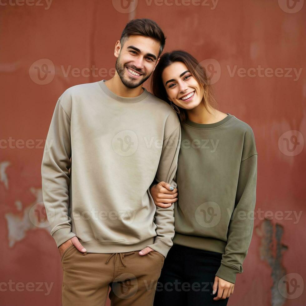 Illustration of a couple fashion portrait with plain sweater mockup, AI. generative photo