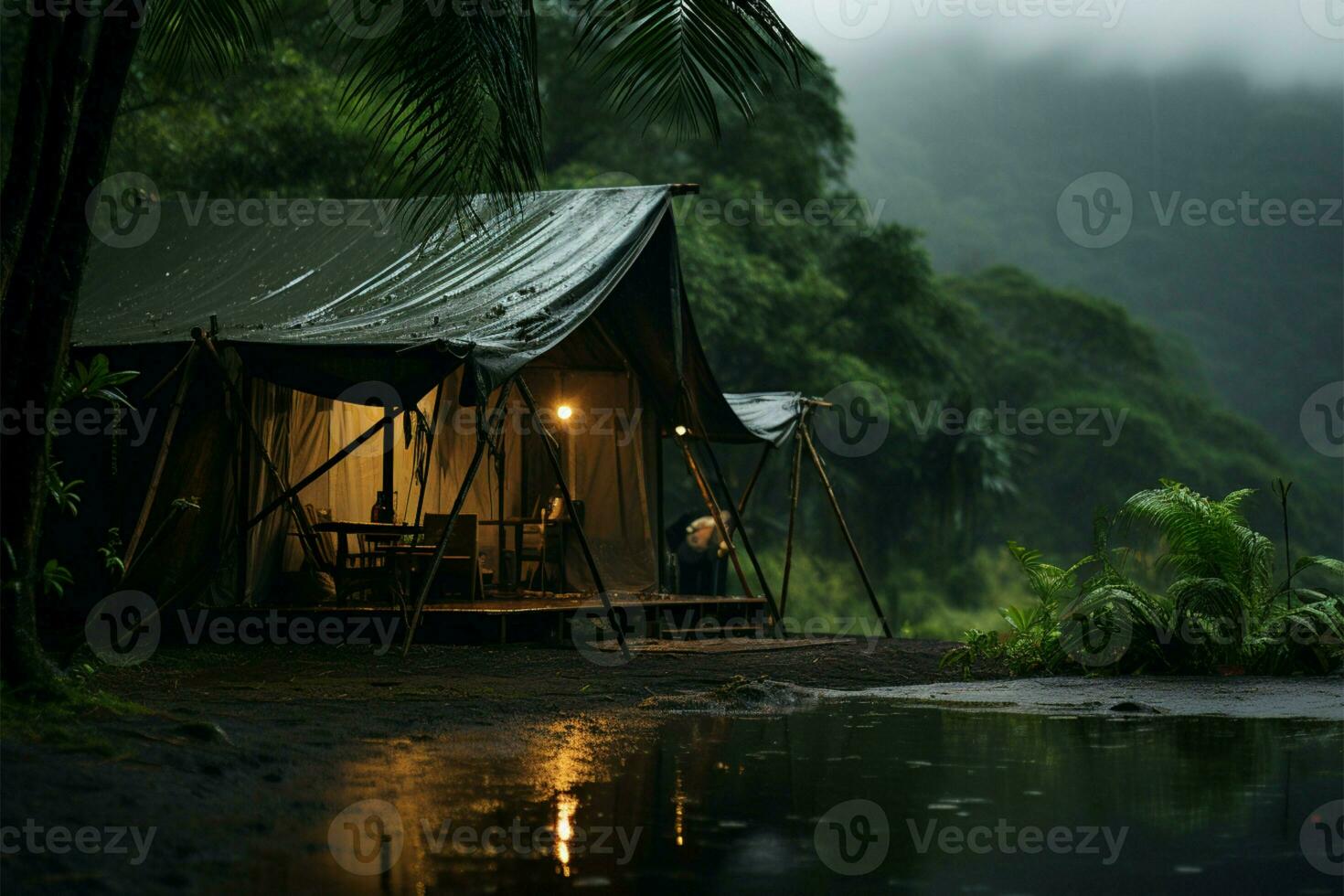 Gentle rain on the forest tent, tropic tranquility, peaceful meditation AI Generated photo