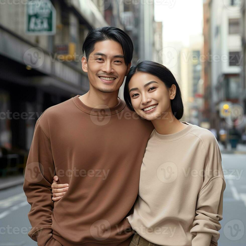 Illustration of a couple fashion portrait with plain sweater mockup, AI. generative photo