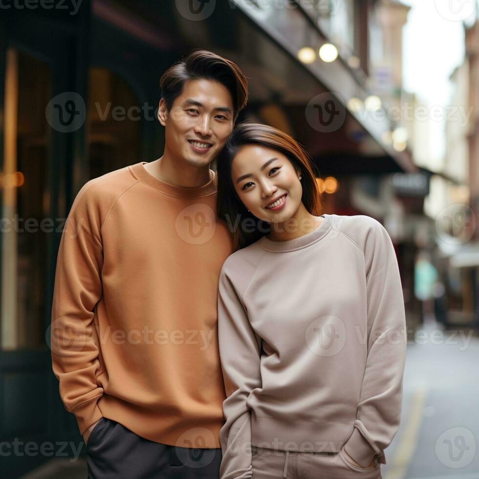 Illustration of a couple fashion portrait with plain sweater mockup, AI. generative photo