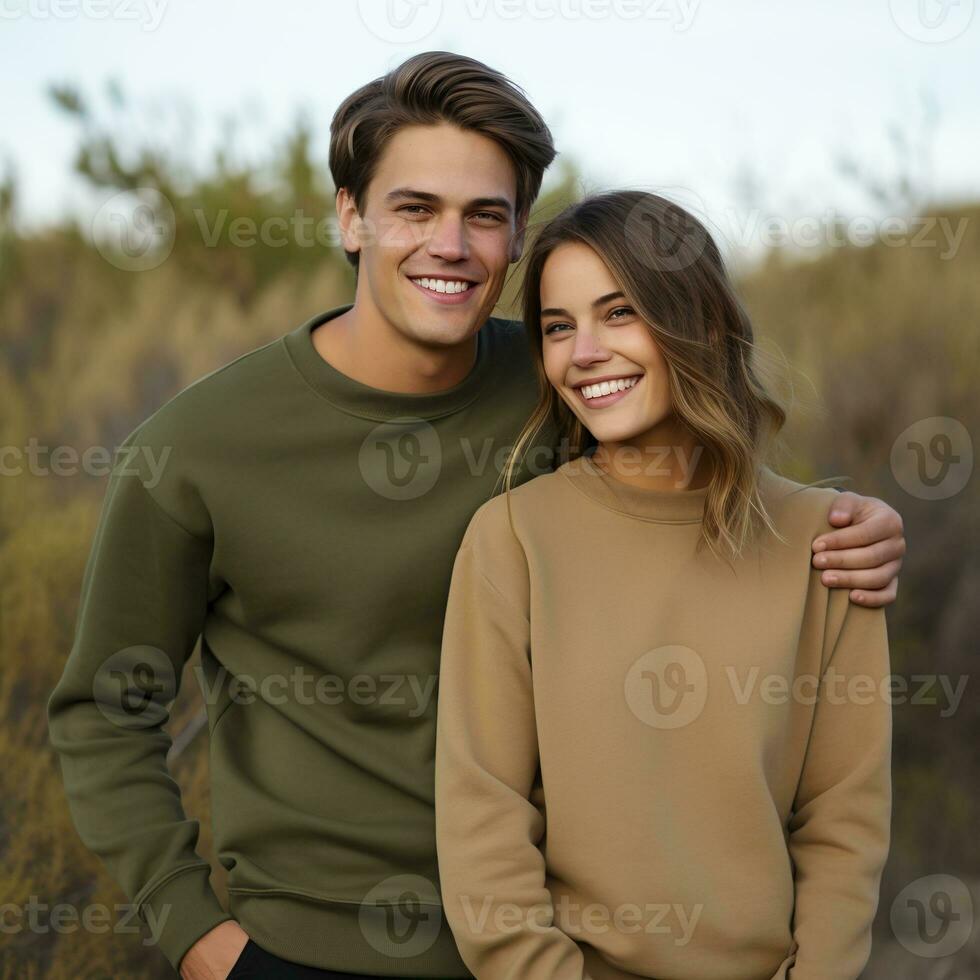 Illustration of a couple fashion portrait with plain sweater mockup, AI. generative photo