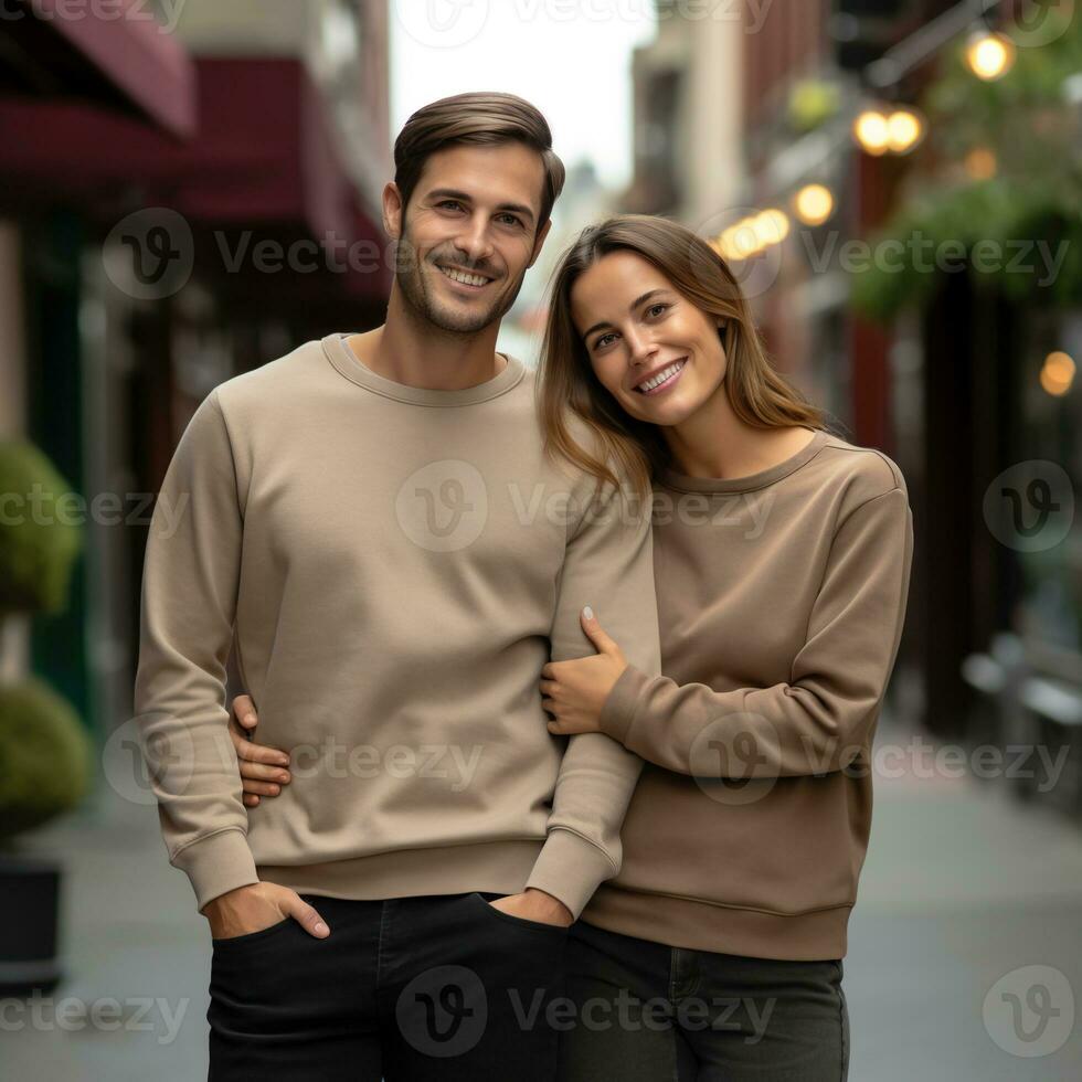 Illustration of a couple fashion portrait with plain sweater mockup, AI. generative photo