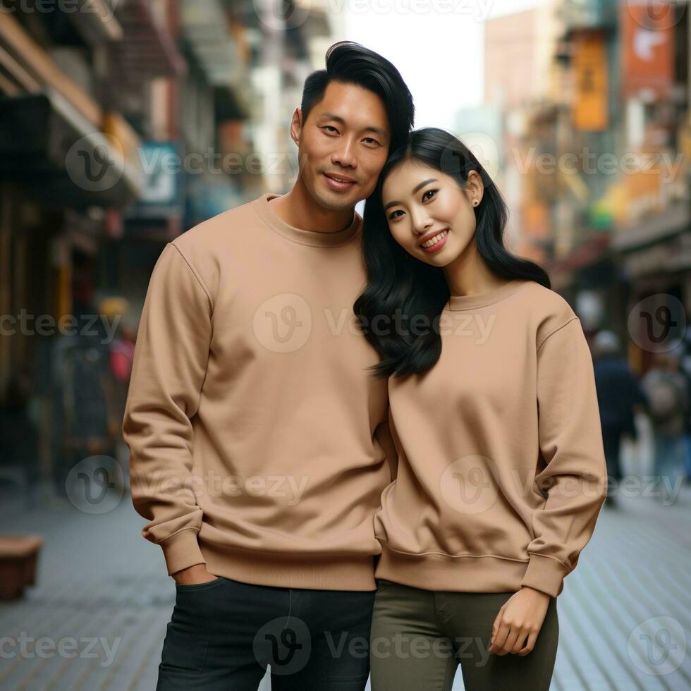 Illustration of a couple fashion portrait with plain sweater mockup, AI. generative photo