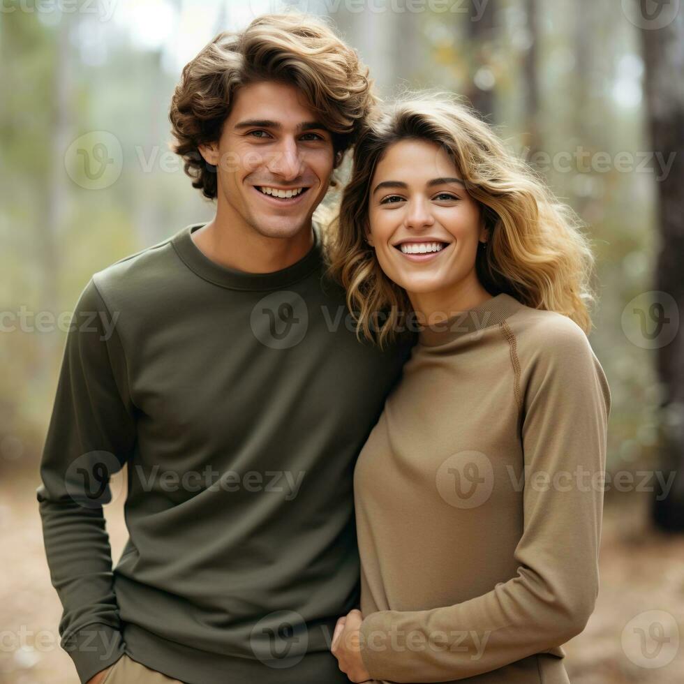 Illustration of a couple fashion portrait with plain sweater mockup, AI. generative photo