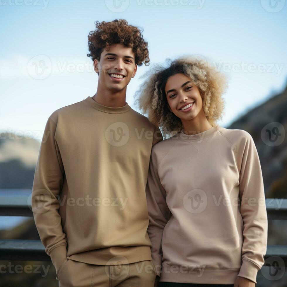 Illustration of a couple fashion portrait with plain sweater mockup, AI. generative photo