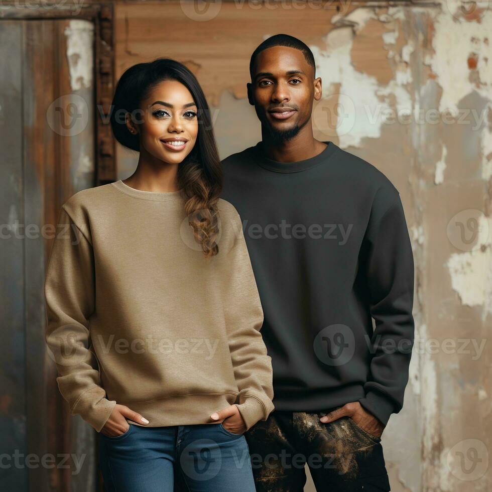 Illustration of a couple fashion portrait with plain sweater mockup, AI. generative photo